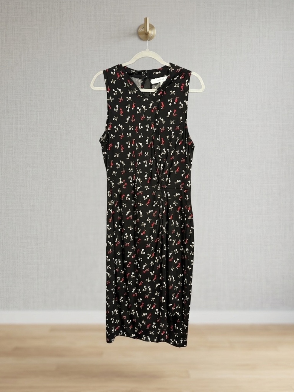 Lark & Ro Black Sleeveless Midi Dress with Red and White Floral Print